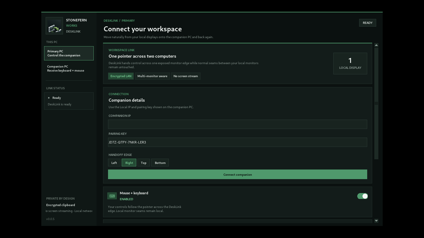 Stonefern DeskLink interface for connecting a Primary PC and Companion PC
